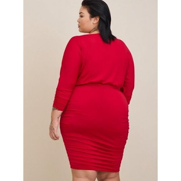 Women's Torrid Plus Size 4, 4X, 26 Studio Knit Shirred Vibrant Jester Red Dress - Picture 2 of 5